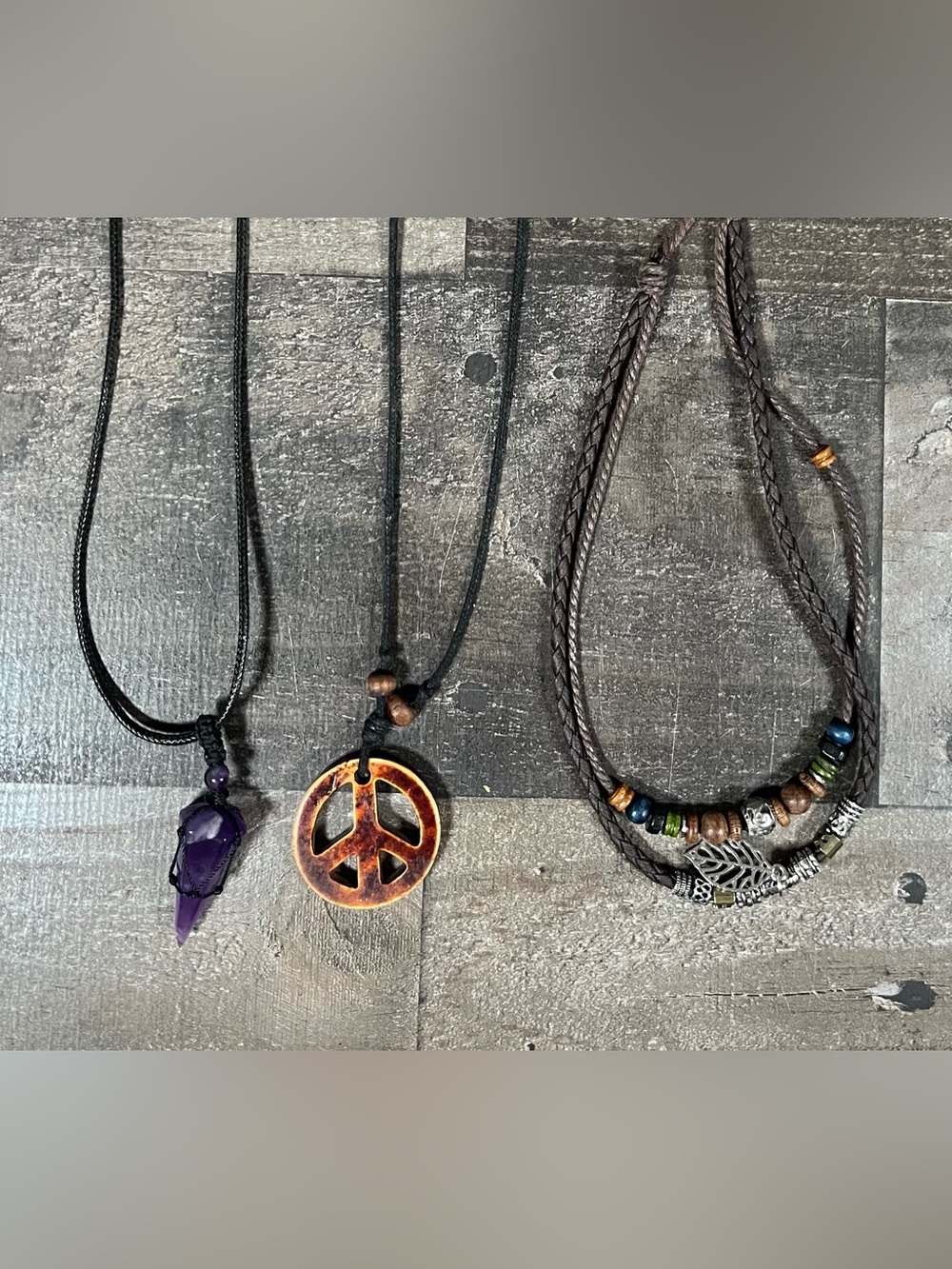 Set of 3 Boho Style Necklaces Peace Sign, Purple Crystal & 2 Tier Beaded Leaf